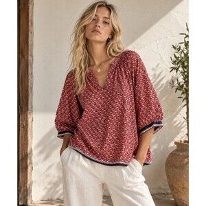 MABE Ari Print Gathered Top Womens S Red Cotton Block Print Boho Blouse